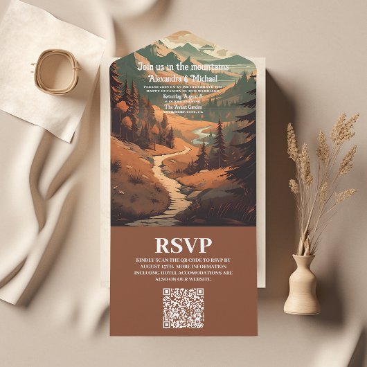 Invitation Tout En Un Rustic Mountain Forest Code QR Mariage À feuillage