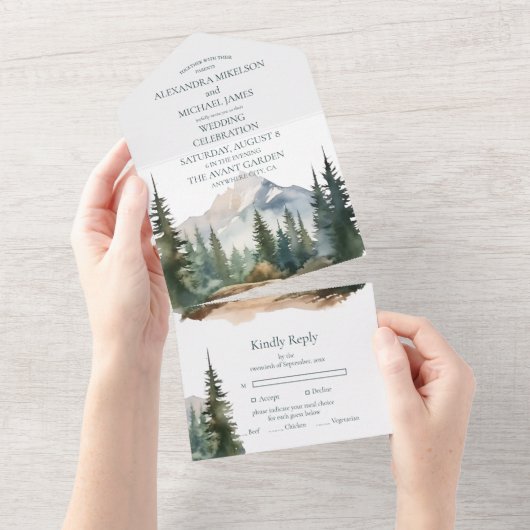 Invitation Tout En Un Rustic Mountain Forest Evergreen Tree Wedding (Déchirure)