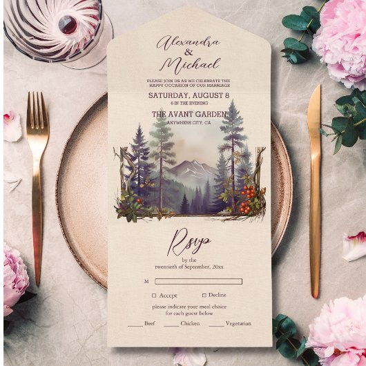 Invitation Tout En Un Rustic Mountain Forest Evergreen Tree Wedding