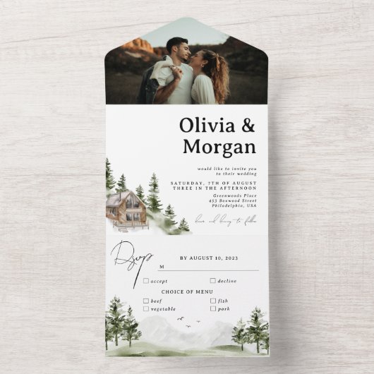 Invitation Tout En Un Rustic Mountain Forest Photo Destination Mariage (À l'intérieur)