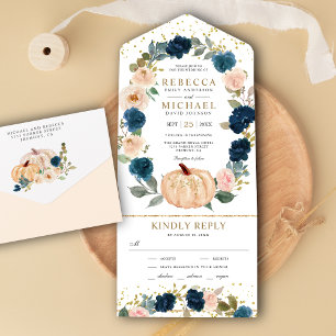Invitation Tout En Un Rustic Navy Blue et Peach Floral Citrouille Mariag