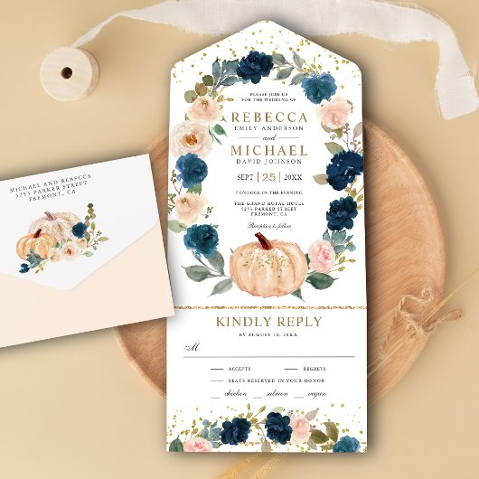 Invitation Tout En Un Rustic Navy Blue et Peach Floral Citrouille Mariag