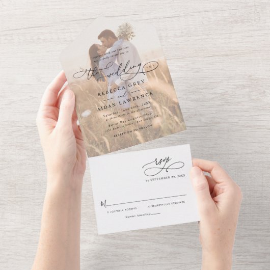 Invitation Tout En Un Rustic Sage Green Mariage photo moderne (Déchirure)