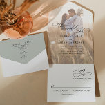 Invitation Tout En Un Rustic Sage Green Mariage photo moderne<br><div class="desc">Cette élégante Faire-part de mariage All-In-One est dotée d'un texte de calligraphie de script de balayage associé à un serif élégant et à une police sans caractère moderne en noir,  avec une superposition photo à l'avant et un monogramme personnalisable à l'arrière. Éléments correspondants disponibles.</div>