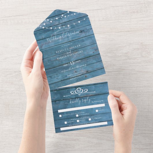 Invitation Tout En Un Rustic String illumine le Mariage en bois bleu tou (Déchirure)