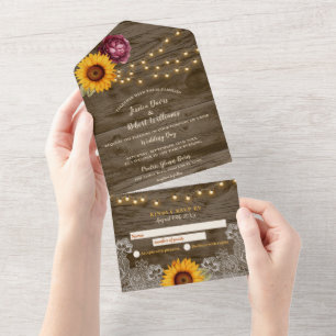 Invitation Tout En Un Rustic Sunflower Peony Mariage tout-en-un