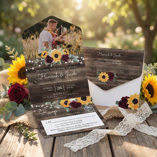 Invitation Tout En Un Rustic Sunflower Roses Photo QR Code Wedding