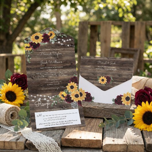 Invitation Tout En Un Rustic Sunflower Roses QR Code Wedding