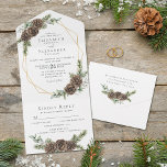 Invitation Tout En Un Rustic Watercolor Winter Forest Pine Cone Wedding<br><div class="desc">Elegance meets convenience with these winter themed all-in-one wedding invitations with tearaway RSVP at the bottom. The gold geometric frame is decorated with winter watercolor greenery and pine cones, accented with snowberries. Find matching products in the collection, and feel free to message me through Zazzle Chat if you need design...</div>