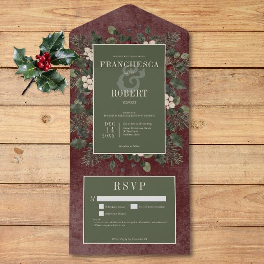 Invitation Tout En Un Rustic Winter Berries & Pine Bourgogne Détails