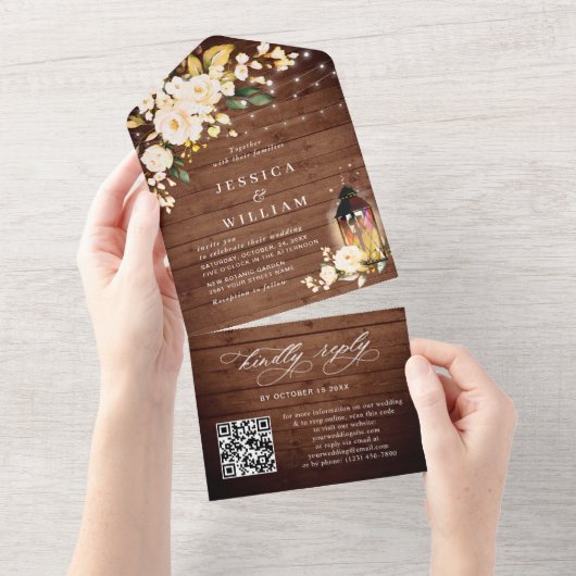 Invitation Tout En Un Rustic Wood Blush Rose code QR Mariage (Déchirure)