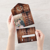 Invitation Tout En Un Rustic wood photo string lights country Wedding (Déchirure)