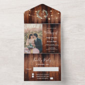 Invitation Tout En Un Rustic wood photo string lights country Wedding (À l'intérieur)