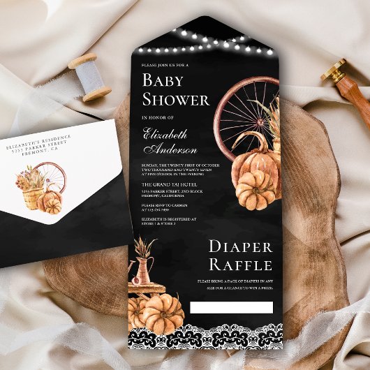 Invitation Tout En Un Rustique Automne Boho Boho Citrouille Baby shower