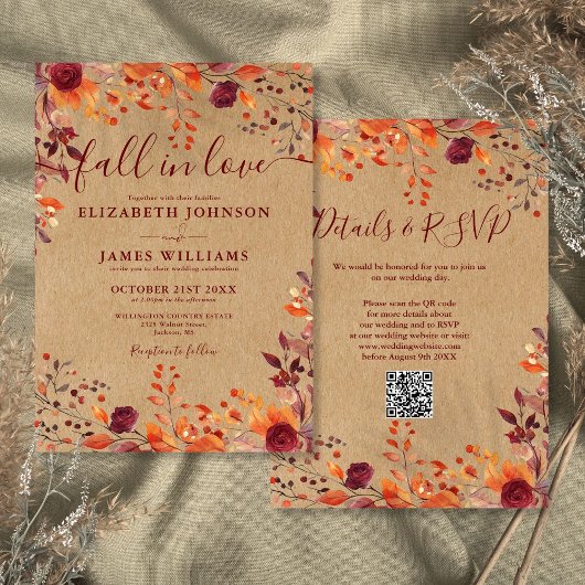 Invitation Tout en un Rustique Automne Coup de foudre Code QR