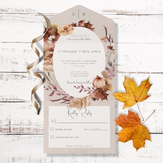 Invitation Tout En Un Rustique Automne Floral & Feuille Pas de dîner