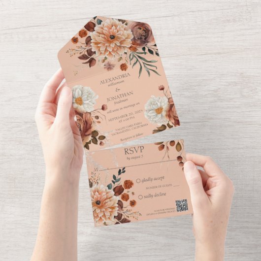 Invitation Tout En Un Rustique Automne Floral QR Code (Déchirure)