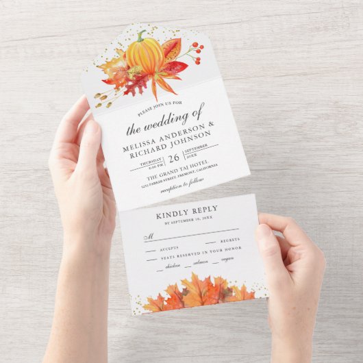 Invitation Tout En Un Rustique Automne Maple Feuille Citrouille Mariage (Déchirure)