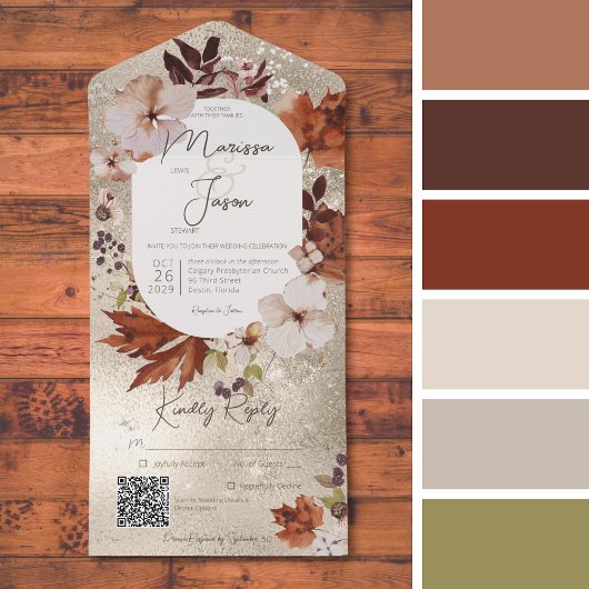 Invitation Tout En Un Rustique Automne Neutre Wreath Gold QR Code