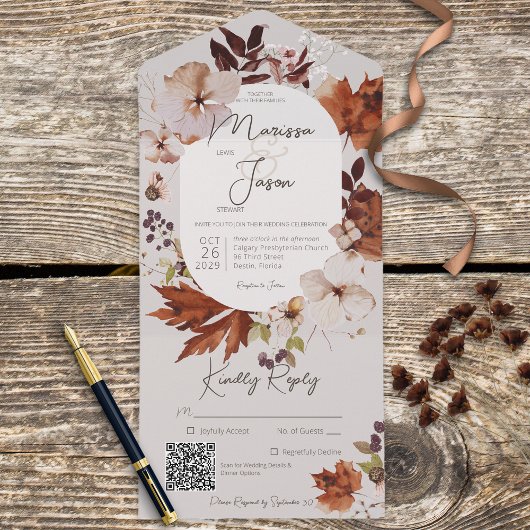 Invitation Tout En Un Rustique Automne Neutre Wreath gris QR Code