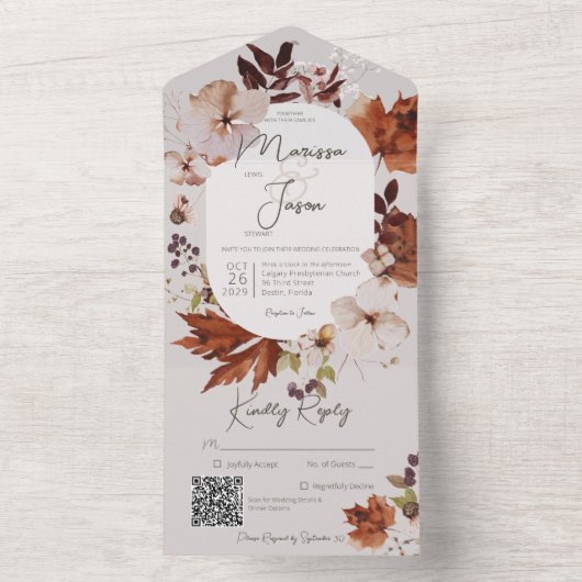 Invitation Tout En Un Rustique Automne Neutre Wreath gris QR Code (À l'intérieur)
