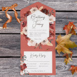 Invitation Tout En Un Rustique automne rouille Floral sur dîner rouille<br><div class="desc">DISPONIBLE ÉGALEMENT AVEC UN CODE QR À ANALYSER DANS LA ZONE RSVP. Ce design présente un cadre de bouquet fleuri couleur rouille et crème sur un arrière - plan d'argile douce. Les invitations tout-en-un personnalisées sont une combinaison unique d'une invitation personnalisée magnifiquement imprimée et d'une carte postale RSVP perforée facile...</div>