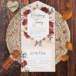 Invitation Tout En Un Rustique automne rouille Floral sur le dîner de cr<br><div class="desc">DISPONIBLE ÉGALEMENT AVEC UN CODE QR À ANALYSER DANS LA ZONE RSVP. Ce design présente un cadre de bouquet fleuri couleur rouille et crème sur un arrière - plan en ivoire doux. Les invitations tout-en-un personnalisées sont une combinaison unique d'une invitation personnalisée magnifiquement imprimée et d'une carte postale RSVP perforée...</div>
