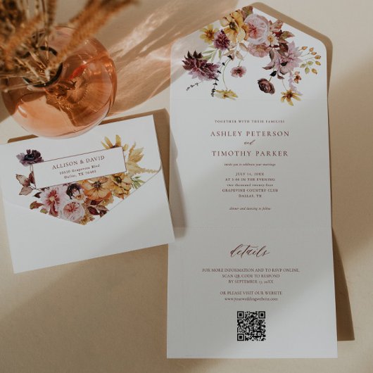 Invitation Tout En Un Rustique Automne Terracotta Floral Mariage QR