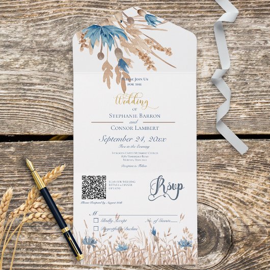 Invitation Tout En Un Rustique Bleu Corbeille & Blé Blanc QR Code
