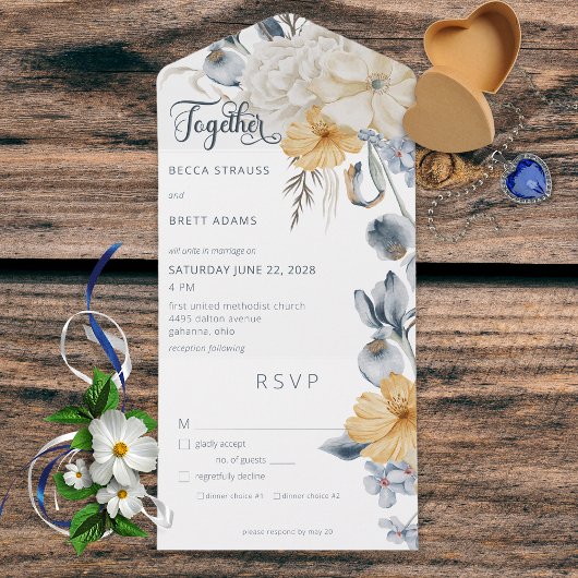 Invitation Tout En Un Rustique Bleu Jaune & Blanc Floral Blanc Dîner
