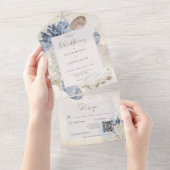 Invitation Tout En Un Rustique Blue Ocean Beach Cream Code QR (Déchirure)