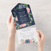 Invitation Tout En Un Rustique Blush rose Floral Mariage bleu marine (Déchirure)