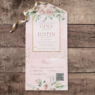 Invitation Tout En Un Rustique Blush Rose Roses Or Accents QR Code