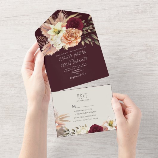 Invitation tout-en-un Rustique Boho Burgundy (Déchirure)