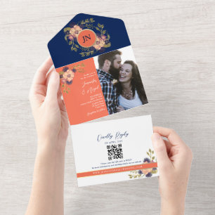 Invitation Tout En Un Rustique Boho Floral Navy et Coral Mariage