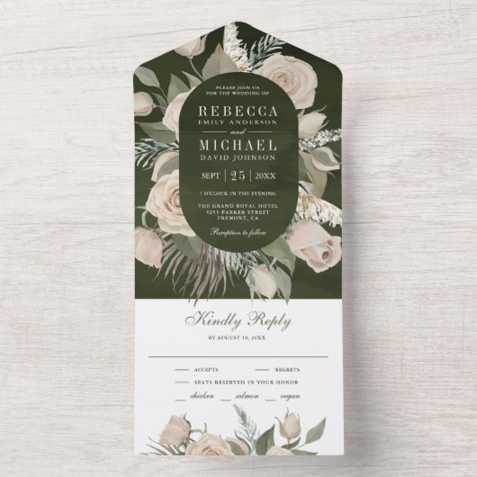 Invitation Tout En Un Rustique Boho Ivoire Roses Dark Sage Vert Mariage (À l'intérieur)