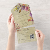 Invitation Tout En Un Rustique Boho Jewel Tone Florals Sage QR Code (Déchirure)