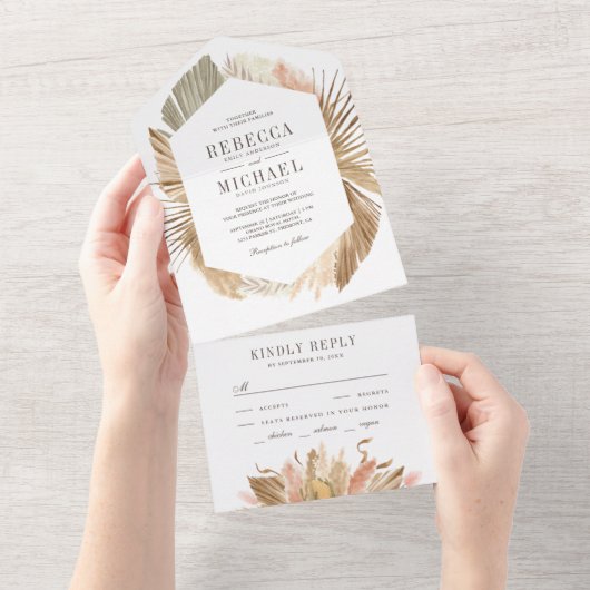 Invitation Tout En Un Rustique Boho Pampas Grass séché Palm Feuille Mari (Déchirure)