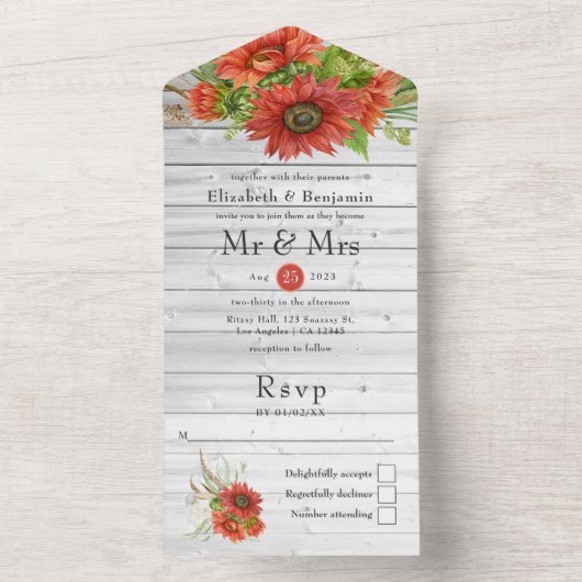 Invitation Tout En Un Rustique Boho Rouge Tournesols Pays Barne Mariage (À l'intérieur)
