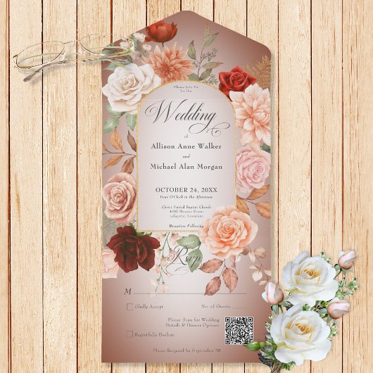 Invitation Tout En Un Rustique Boho rouille & broche florale Rust QR Cod