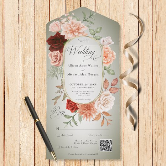 Invitation Tout En Un Rustique Boho Rouille & Pêche Floral Ovale Code QR