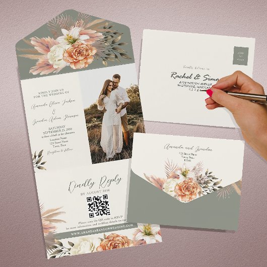 Invitation Tout En Un Rustique Boho Sage Green Floral Mariage
