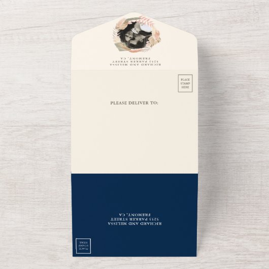 Invitation Tout En Un Rustique Boho séché Palm Pampas Mariage bleu marin (Dehors)