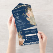 Invitation Tout En Un Rustique Boho séché Palm Pampas Mariage bleu marin (Déchirure)