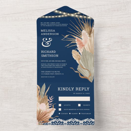 Invitation Tout En Un Rustique Boho séché Palm Pampas Mariage bleu marin (À l'intérieur)