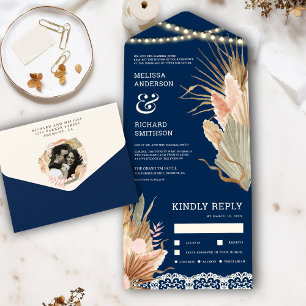 Invitation Tout En Un Rustique Boho séché Palm Pampas Mariage bleu marin