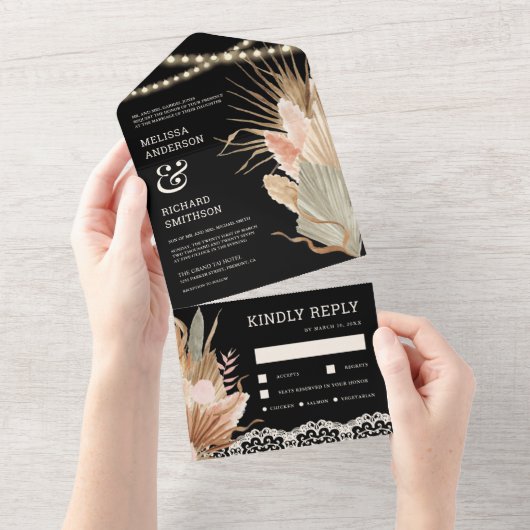 Invitation Tout En Un Rustique Boho séché Palm Pampas Mariage noir (Déchirure)