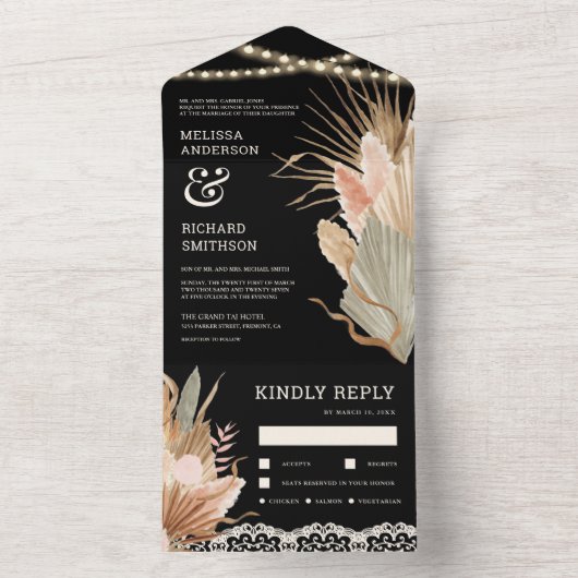 Invitation Tout En Un Rustique Boho séché Palm Pampas Mariage noir (À l'intérieur)