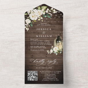 Invitation Tout En Un Rustique Bois blanc Roses Mariage QR code