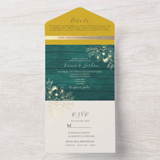 Invitation Tout En Un Rustique bois émeraude vert et Mariage jaune (À l'intérieur)